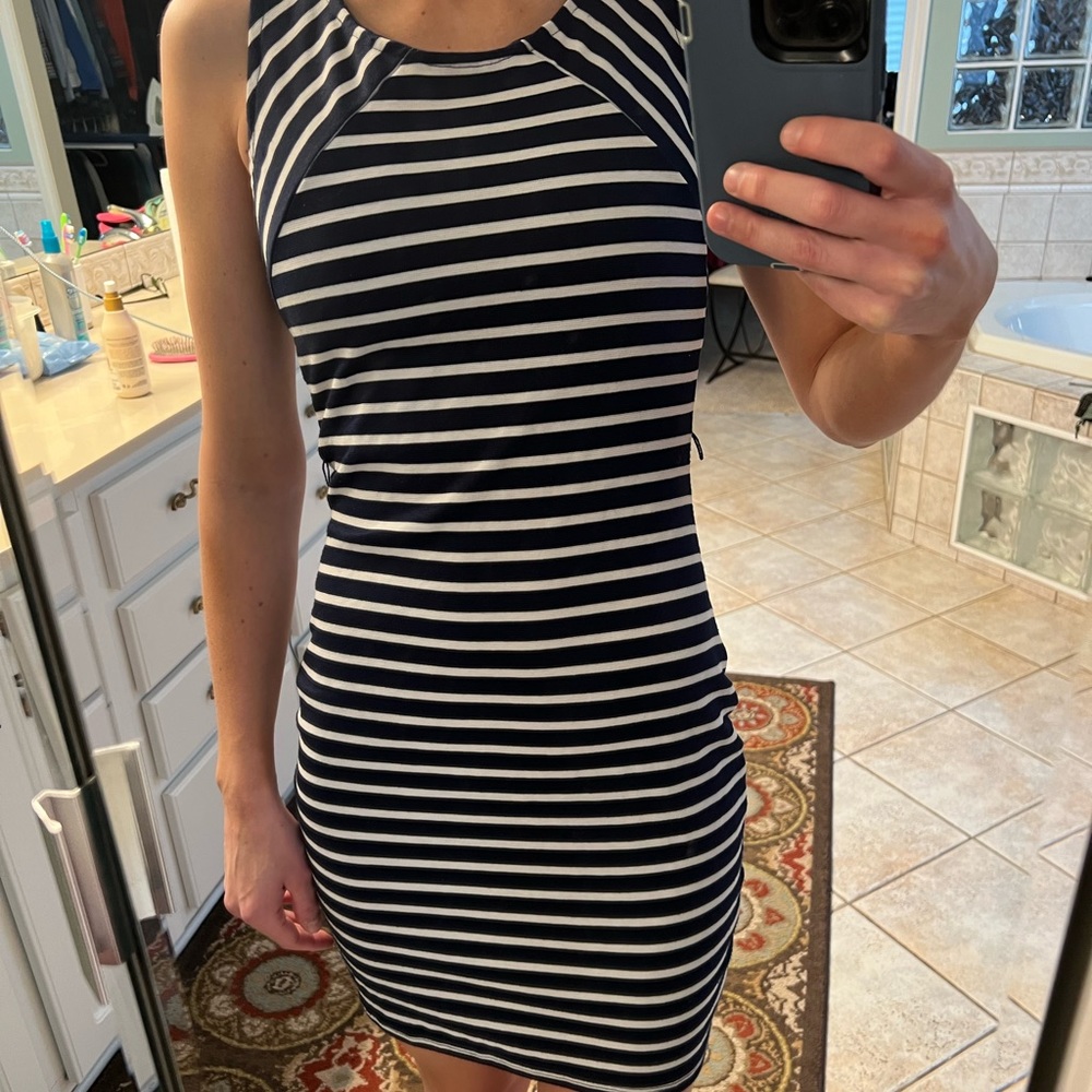 Navy Blue and white striped dress, fitted